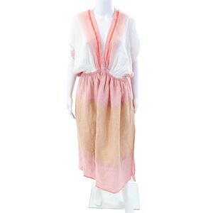 Lem Lem Womens V Neck A Line Sun Dress Pink Gold Metallic Cotton Size Large